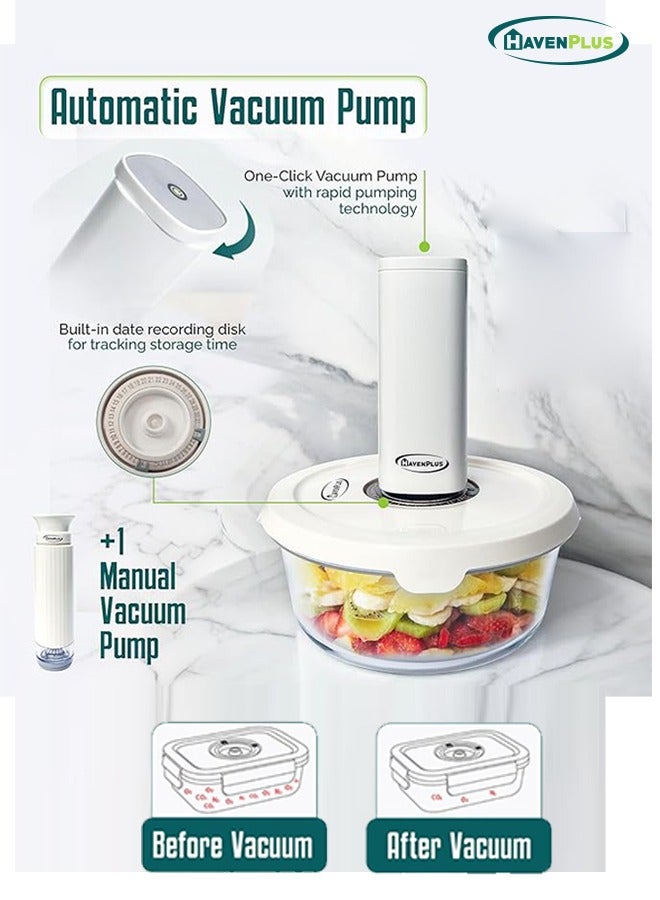 HavenPlus Food Vacuum Glass Container Set with Automatic and Manual Pump, Built-in Date Indicator, 3 pcs Glass Food Containers, Round Airtight Storage, 635ml, 930ml, 1400ml - Image 3