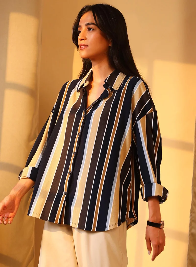 PINACOLADA  Women's Midnight Black & Yellow Ochre Striped Boxy Shirt for Women | Best Price UAE