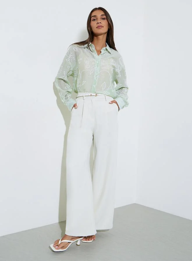 Styli Mint Green Eyelet Embroidered Longline Oversized Shirt