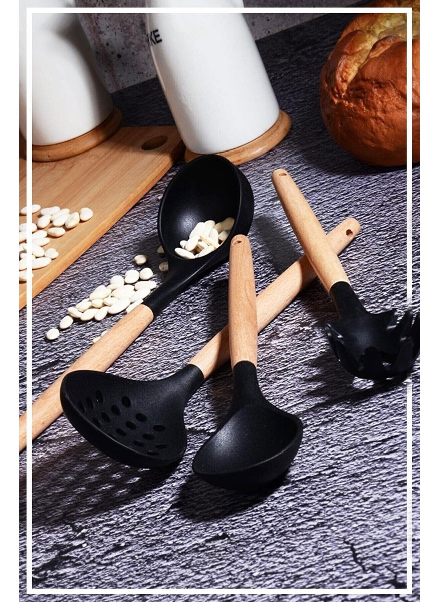 Hazarpazar Bamboo Handled Silicone Spoon & Ladle & Colander & Spaghetti Set of 4 - Black  - Image 1