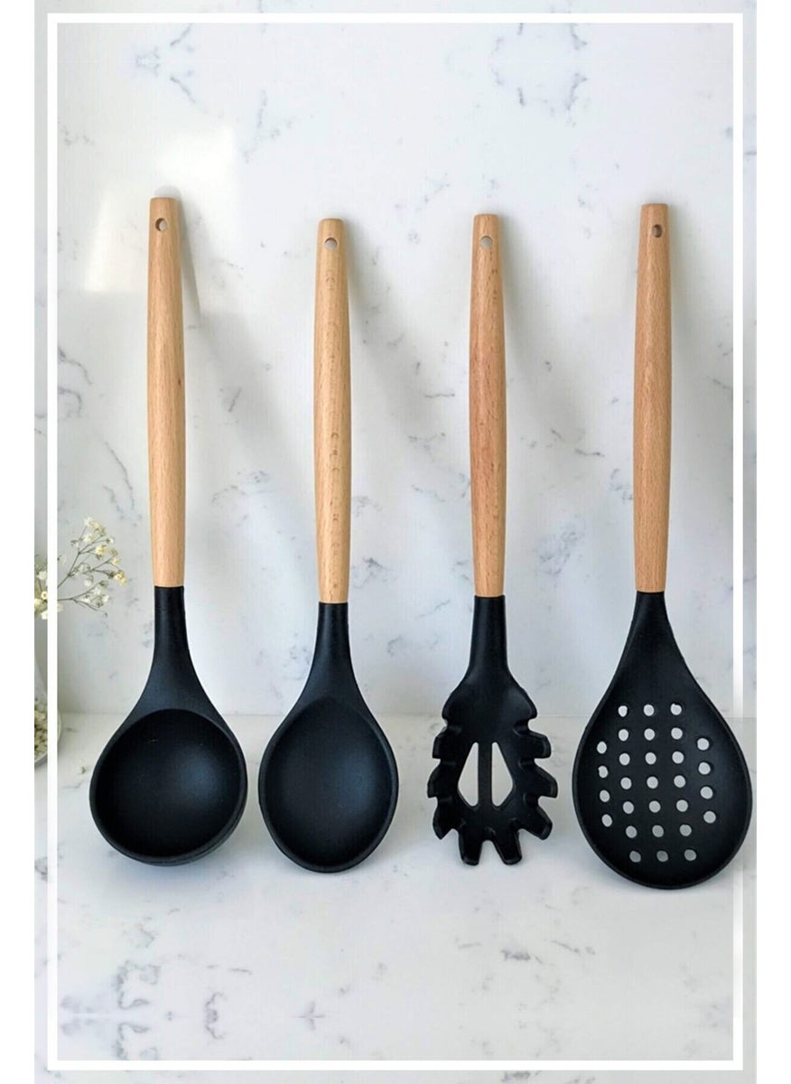 Hazarpazar Bamboo Handled Silicone Spoon & Ladle & Colander & Spaghetti Set of 4 - Black  - Image 2