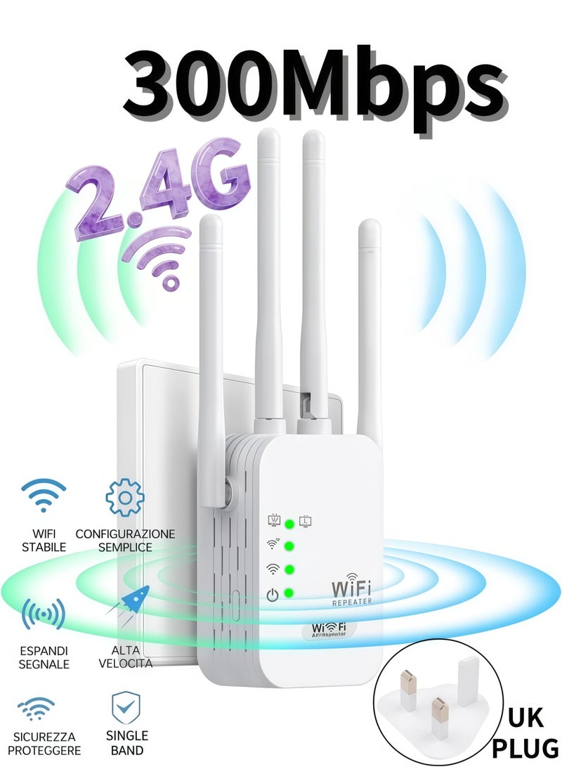 300Mbps Wireless WiFi Range Extender, Wireless WiFi Booster, Wireless WiFi Repeater with 4 External Antennas, WiFi Signal Amplifier Single Band 2.4GHz, 360° Full Coverage - White - Image 1