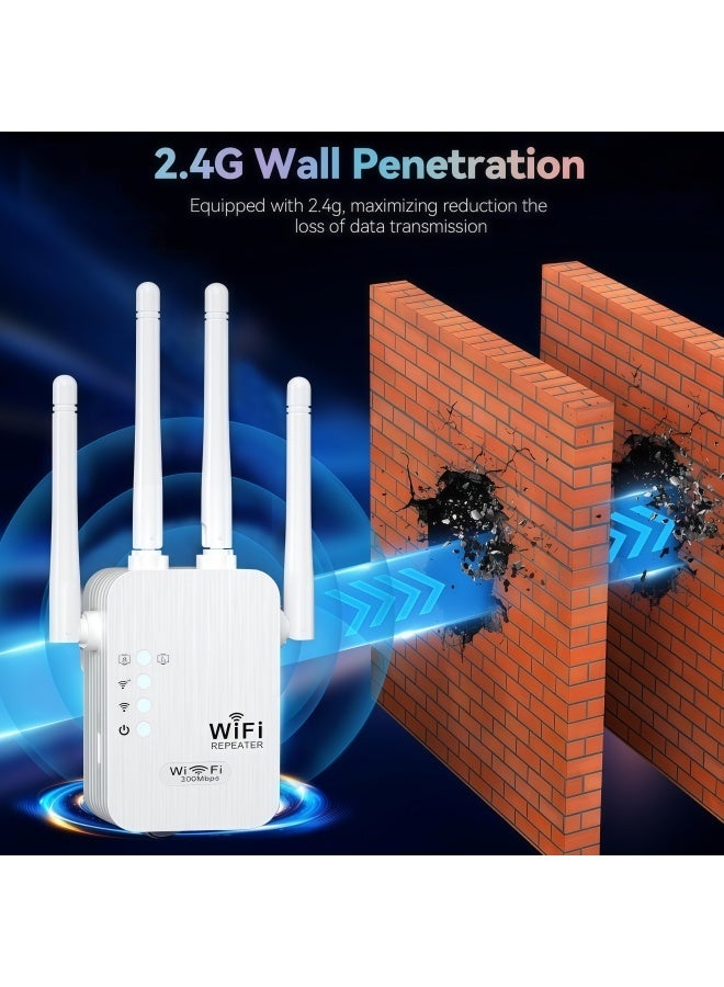 300Mbps Wireless WiFi Range Extender, Wireless WiFi Booster, Wireless WiFi Repeater with 4 External Antennas, WiFi Signal Amplifier Single Band 2.4GHz, 360° Full Coverage - White - Image 2