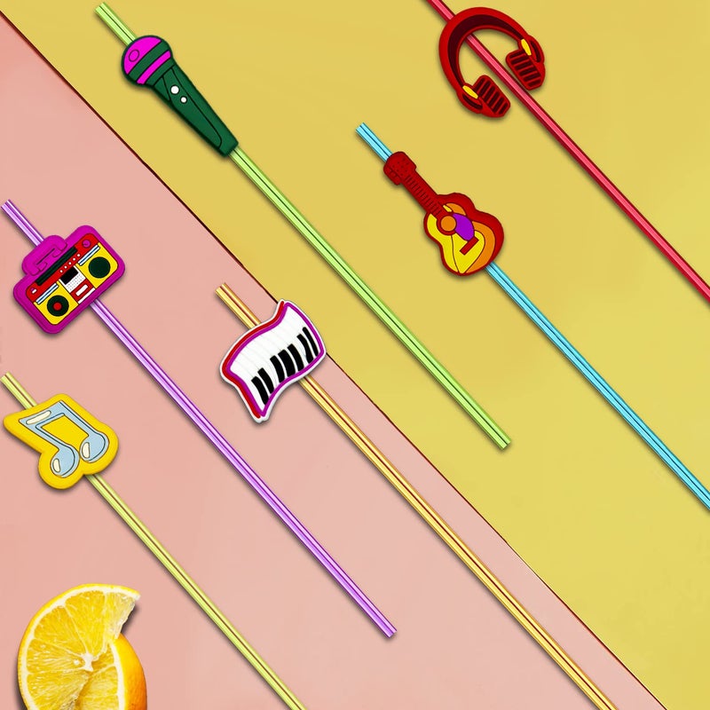 Meaxur 24 Pieces Music Straws for Drink Cocktail Rock Star Rock Music Birthday Party Supplies Party Favor with 2 Pieces Cleaning Brush 6 Colors Straws - Image 2