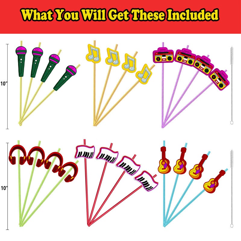 Meaxur 24 Pieces Music Straws for Drink Cocktail Rock Star Rock Music Birthday Party Supplies Party Favor with 2 Pieces Cleaning Brush 6 Colors Straws - Image 1