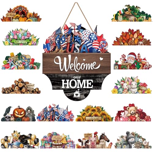 Yousoontic 17 Pcs 12 Inch Magnetic Welcome Door Sign Interchangeable Front Door Wreath Decor Rustic Seasonal Hanging Sign Patriotic Summer Decor for Home Warming GiftDark ColorHome Welcome - Image 1