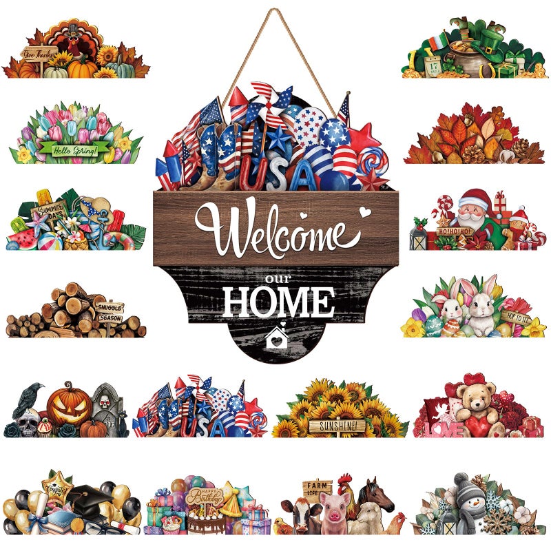 Yousoontic 17 Pcs 12 Inch Magnetic Welcome Door Sign Interchangeable Front Door Wreath Decor Rustic Seasonal Hanging Sign Patriotic Summer Decor for Home Warming GiftDark ColorHome Welcome - Image 2