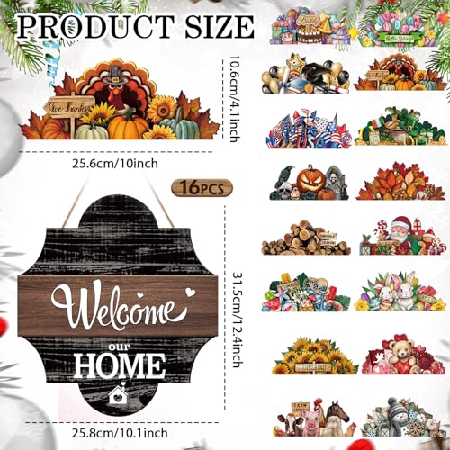 Yousoontic 17 Pcs 12 Inch Magnetic Welcome Door Sign Interchangeable Front Door Wreath Decor Rustic Seasonal Hanging Sign Patriotic Summer Decor for Home Warming GiftDark ColorHome Welcome - Image 3