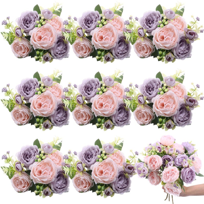 Yuxung 8 Bundles Artificial Peonies Flowers Boho Faux Flowers Arrangements Artificial Centerpiece Spring Bouquet Floral Wedding Decoration for VasePink Purple