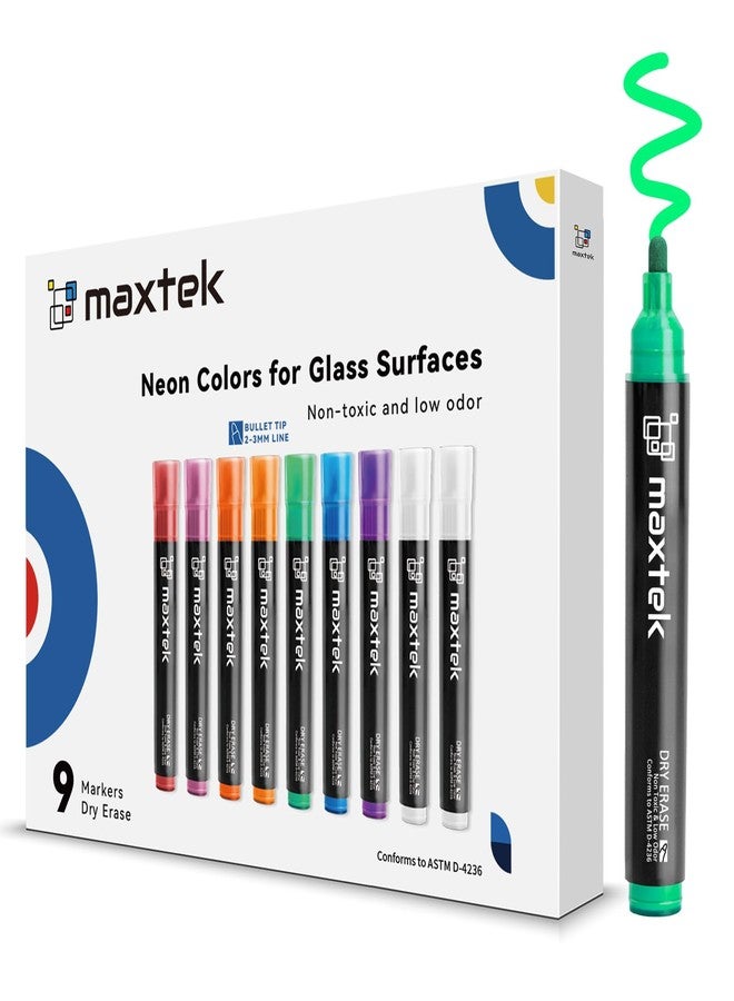 maxtek Neon Dry Erase Markers for Glass,Window Markers for Dry Erase Board,Chalkboard,LED Note Board,Acrylic Refrigerator Calendar,Bullet Tip,Low Odor,Assorted Colors,9 Count - Image 1