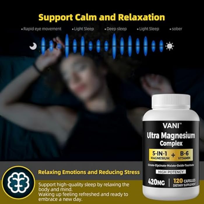 Vani Magnesium Glycinate, （420mg） 5 in 1 Magnesium Complex & B6 Supplement for Nerve, Heart, Muscle Health & Relaxation*, Maximum Bioavailability & Absorption, Gluten Free, 120 Vegan Capsules - Image 4