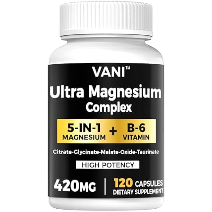 Vani Magnesium Glycinate, （420mg） 5 in 1 Magnesium Complex & B6 Supplement for Nerve, Heart, Muscle Health & Relaxation*, Maximum Bioavailability & Absorption, Gluten Free, 120 Vegan Capsules - Image 1