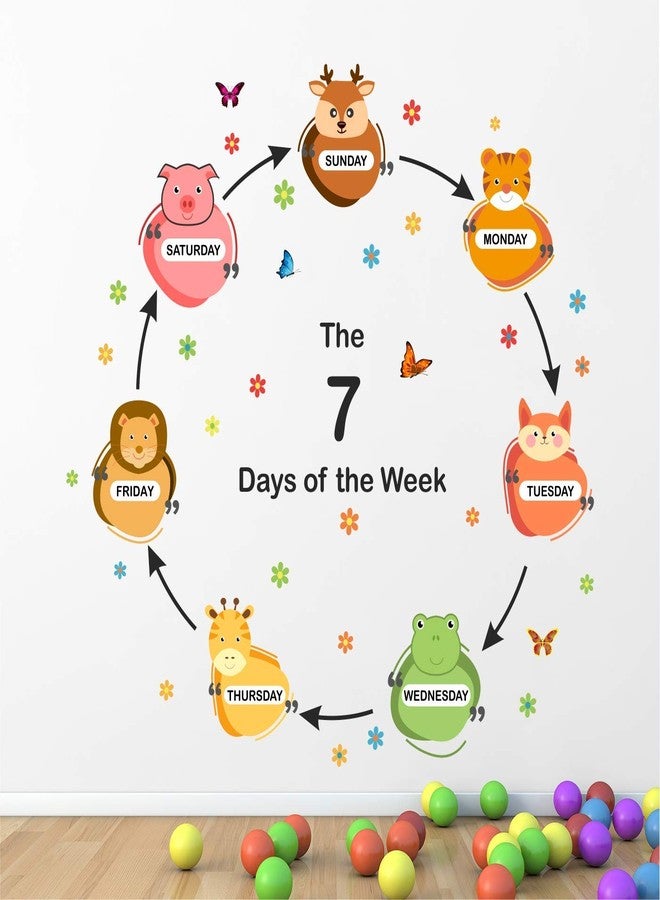 Byte Shop '7 Days of The Week - Cute - Animals - Baby - Kids - Learning - Education - Nursery - Pre School - Kinder Garden - Colorful - Wall Sticker'- (Multi Colour, Vinyl - 130cm X 130 cm) - Image 1