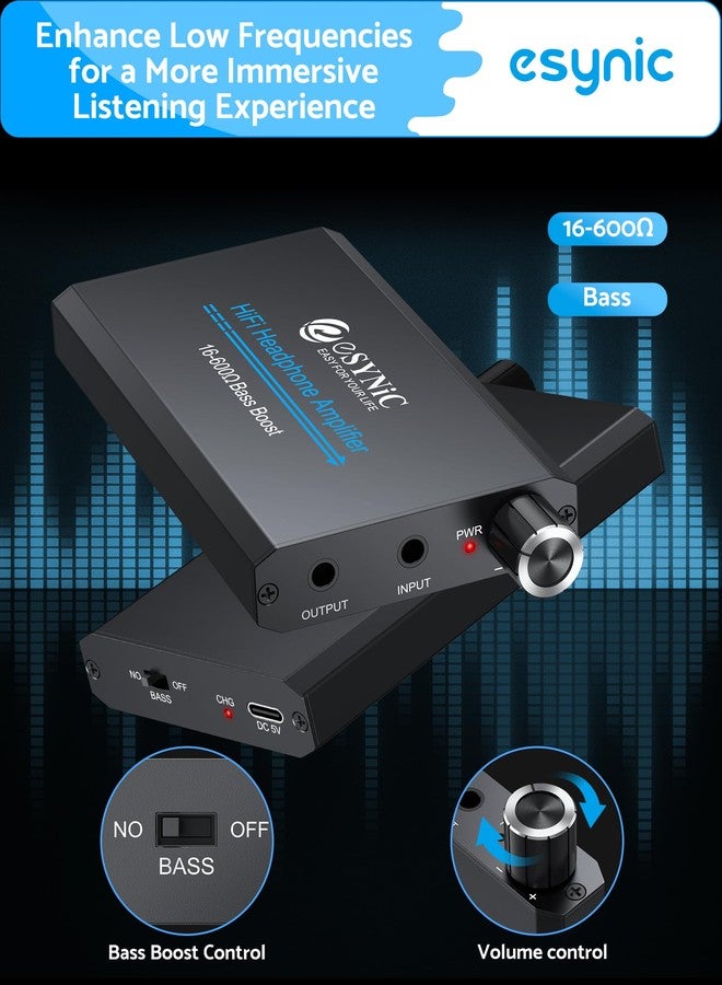 eSynic 16-600Ω Bass Headphone Amp Portable - HiFi 3.5MM Audio Headphone Amplifier Rechargeable with Bass Switch-Aluminum Alloy Case &12H Playtime-0.005% THD for MP3/Phone/PC/Laptop/Car (3.5mm AUX) - Image 4