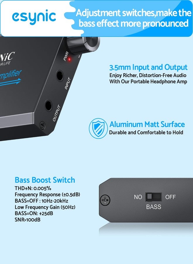 eSynic 16-600Ω Bass Headphone Amp Portable - HiFi 3.5MM Audio Headphone Amplifier Rechargeable with Bass Switch-Aluminum Alloy Case &12H Playtime-0.005% THD for MP3/Phone/PC/Laptop/Car (3.5mm AUX) - Image 2
