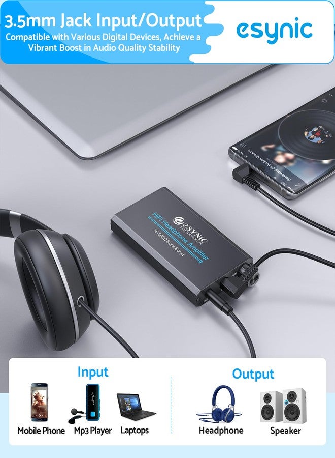 eSynic 16-600Ω Bass Headphone Amp Portable - HiFi 3.5MM Audio Headphone Amplifier Rechargeable with Bass Switch-Aluminum Alloy Case &12H Playtime-0.005% THD for MP3/Phone/PC/Laptop/Car (3.5mm AUX) - Image 5