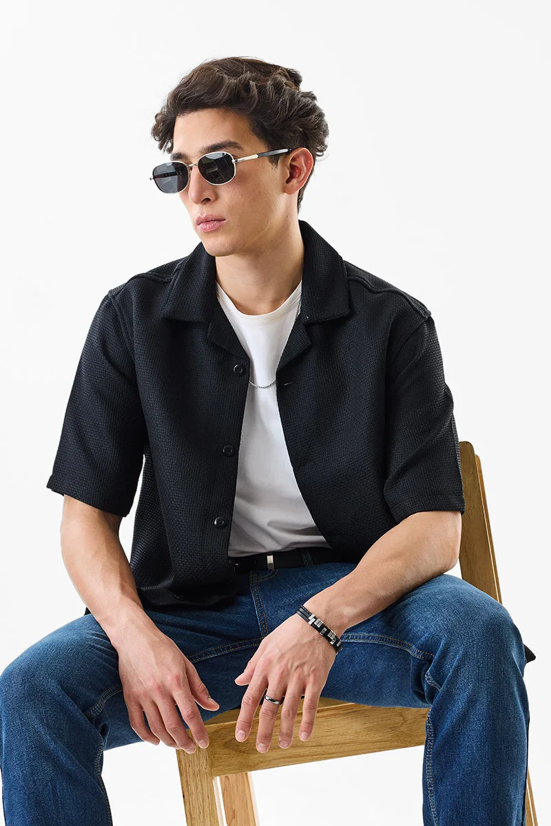 SNITCH Black Textured Half Sleeve Oversized Shirt