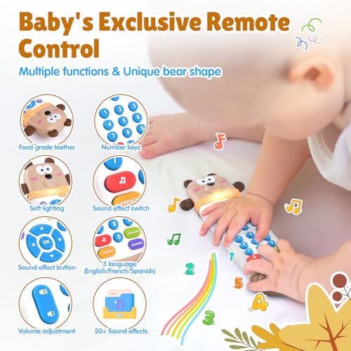 WeeHomm Baby Remote Control Toy Remote Teether for Baby with Realistic Light and Sounds 3 Languages English Spanish French Baby Musical Toys Gifts for Boys Girl 6 Month - Image 5