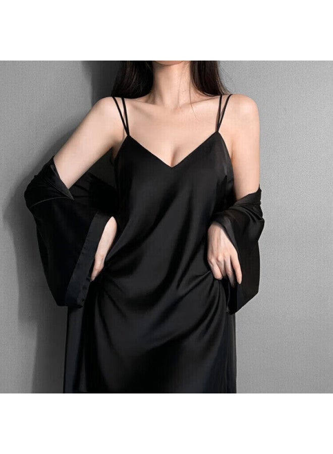 La Chapelle Women's Camisole Spring Autumn Ice Silk Padded Nightdress Short Sleeve Robe Lace Skirt Set Loungewear - Image 5