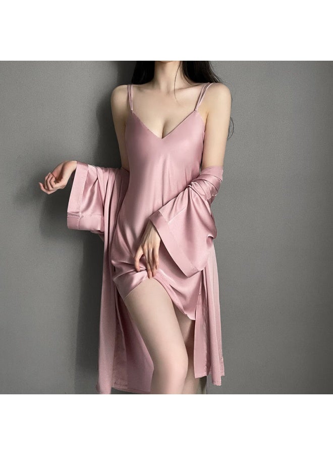 La Chapelle Women's Camisole Spring Autumn Ice Silk Padded Nightdress Short Sleeve Robe Lace Skirt Set Loungewear - Image 4