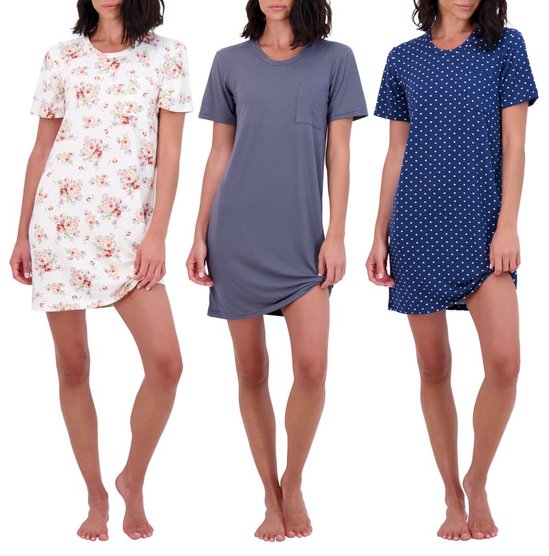 Real Essentials 3 Pack Womens Short Sleeve Nightgown Dress Nightshirt Pajama Sleep Shirt Sleepwear Plus
