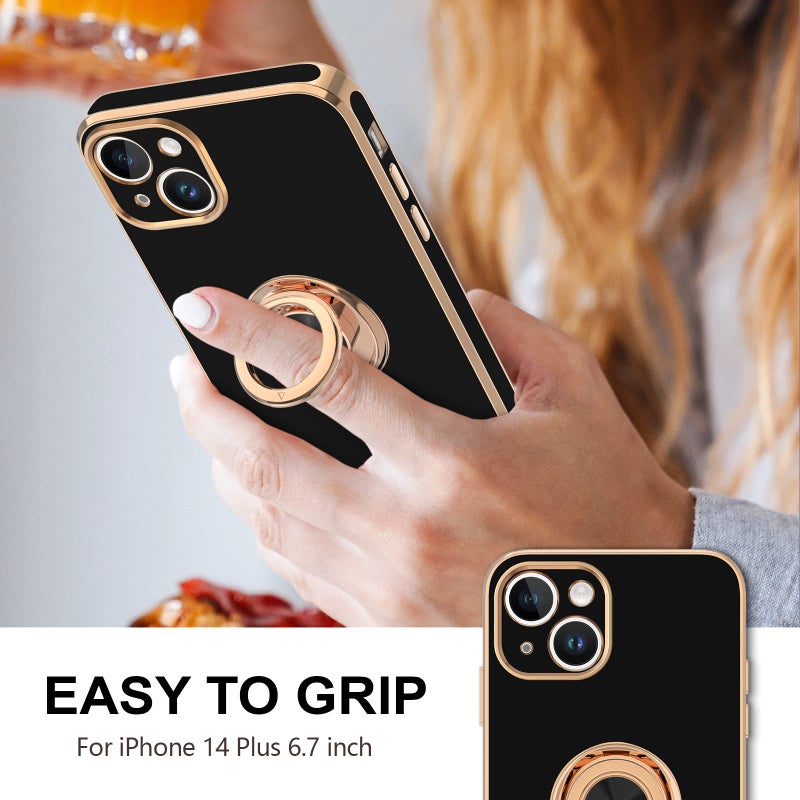 Hython for iPhone 14 Plus Case with Ring Stand [360Â° Rotatable Ring Holder Magnetic Kickstand] [Support Car Mount] Plated Gold Edge Soft TPU Luxury Shockproof Protective Phone Case Cover, Black - Image 2