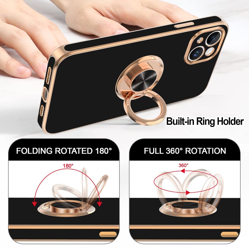 Hython for iPhone 14 Plus Case with Ring Stand [360Â° Rotatable Ring Holder Magnetic Kickstand] [Support Car Mount] Plated Gold Edge Soft TPU Luxury Shockproof Protective Phone Case Cover, Black - Image 4