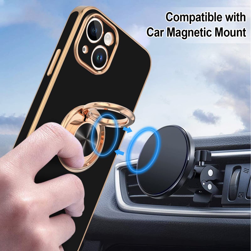 Hython for iPhone 14 Plus Case with Ring Stand [360Â° Rotatable Ring Holder Magnetic Kickstand] [Support Car Mount] Plated Gold Edge Soft TPU Luxury Shockproof Protective Phone Case Cover, Black - Image 5