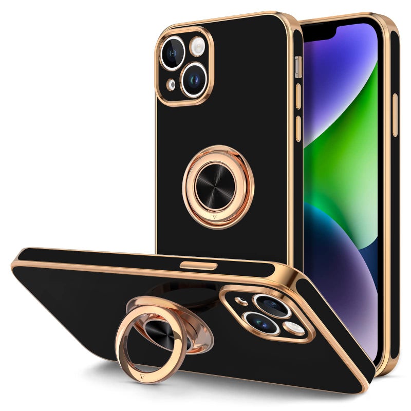 Hython for iPhone 14 Plus Case with Ring Stand [360Â° Rotatable Ring Holder Magnetic Kickstand] [Support Car Mount] Plated Gold Edge Soft TPU Luxury Shockproof Protective Phone Case Cover, Black - Image 1