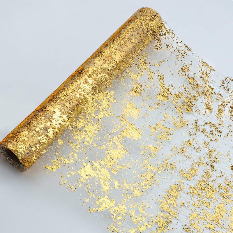 Snowkingdom Glitter Metallic Gold Table Runner 11 Inch x 49 Feet Thin Mesh Sparkle Runner Roll Table Decorations for Wedding Bridal Shower Baby Shower Christmas Birthday Party 1PC