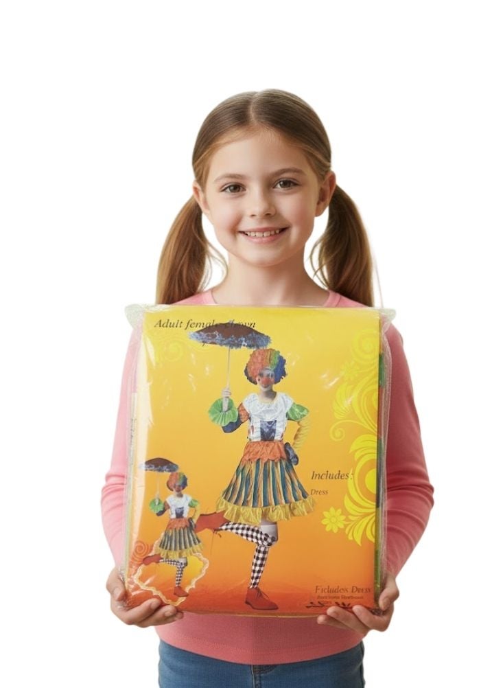 Premium Adult Female Clown Costume Dress with Multicolor Skirt, Wig Style Look and Party Wear Design - Image 2