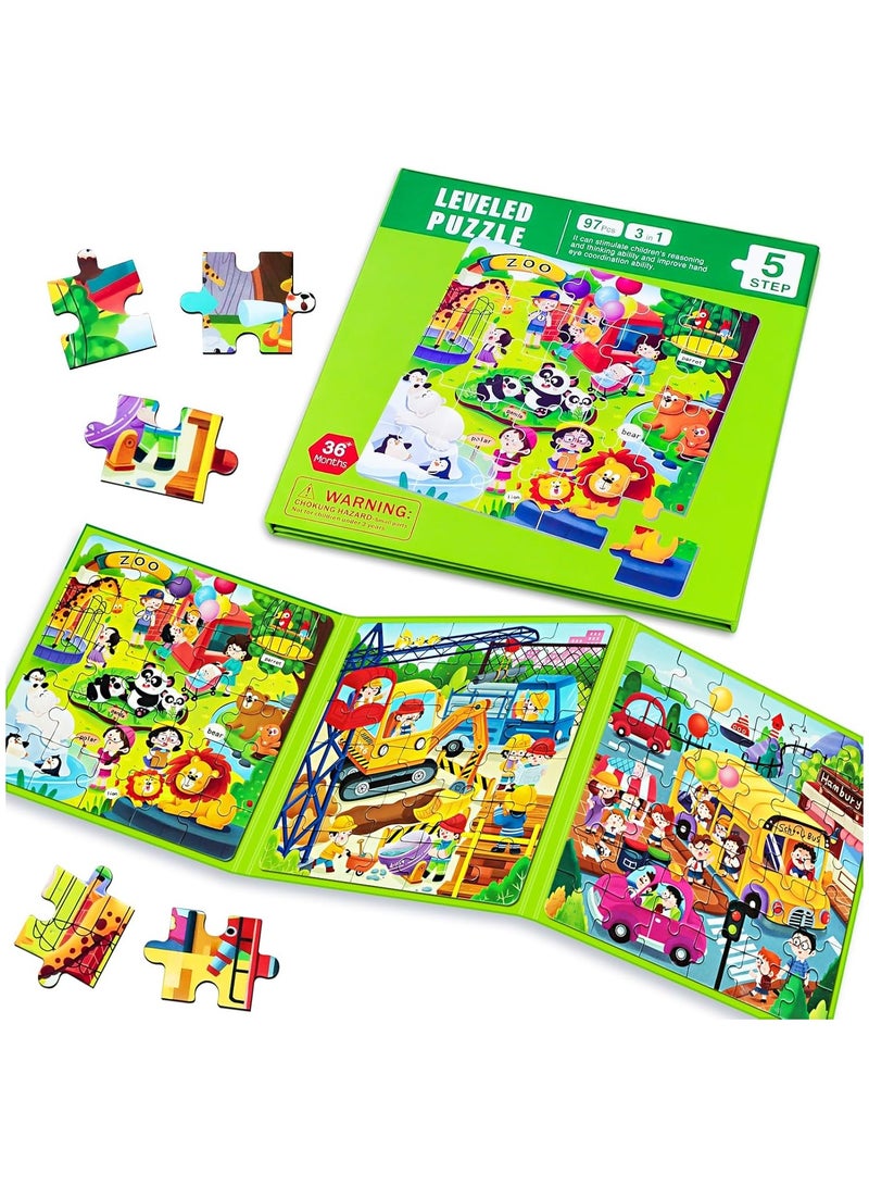 Magnetic Puzzles for Kids Ages 4-8, 3 in 1 Cartoon Jigsaw Puzzle Book, Kids Travel Puzzles Toys, Preschool Learning Toy for Kids 3-8 Year (Green Zoo) - Image 1