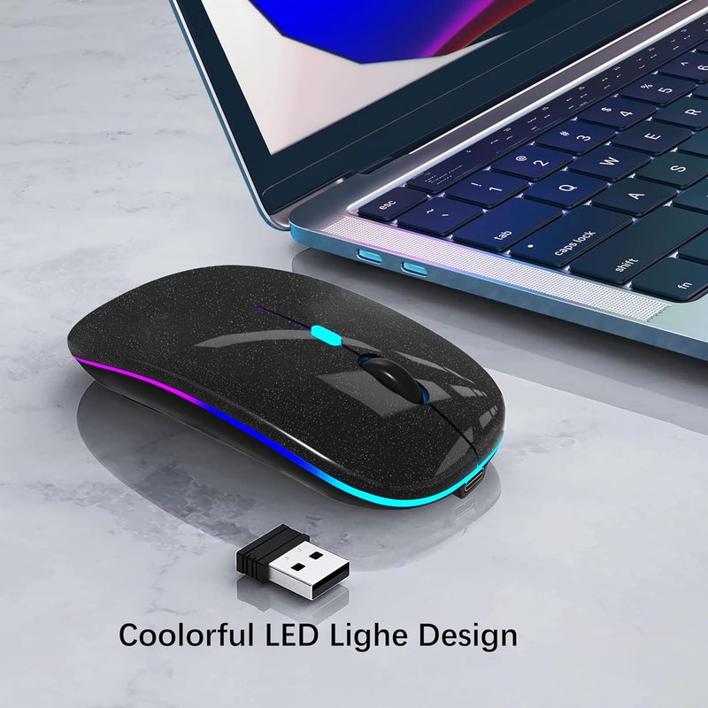 فأرة لاسلكية بلوتوث قابلة لإعادة الشحن لأجهزة الكمبيوتر المحمولة مع أضواء LED وصامتة ونحيفة (BT5.2 ومستقبل USB محمول 2.4G) فأرة كمبيوتر ثنائية الوضع لأجهزة الكمبيوتر المحمولة / iPad / Tablet / Apple / PC / Mac (أسود لؤلؤي) - Image 2