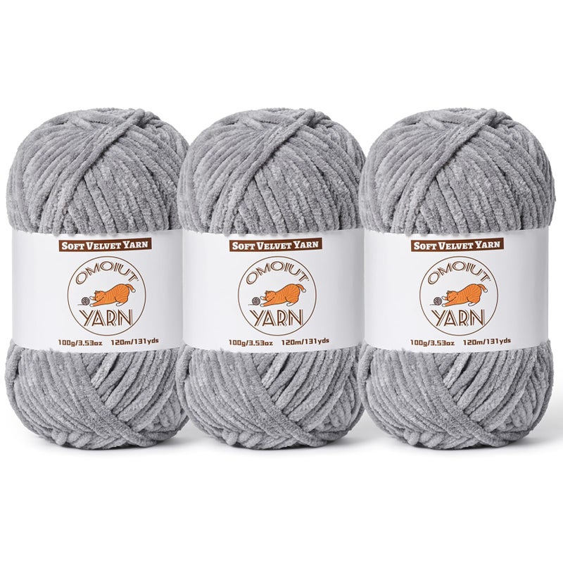 OMoiut 3 Pack Light Gray Fluffy Velvet Yarn for Crocheting, Chunky Chenille Baby Blanket Yarn for Crocheting, Soft Fuzzy Puzzle Yarn for Knitting, (100g/3.53oz Each) Bulky Thick Amigurumi Crochet Yarns - Image 1