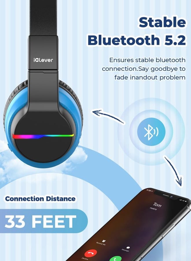 iClever Bluetooth Children's Over-Ear Headphones with Colored LED Lights, 74/85dB Volume Limit, 85 Hours Playtime, Bluetooth 5.2, Built-in Microphone, Pack of 2 - Image 5