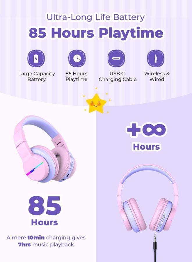 iClever Bluetooth Children's Over-Ear Headphones with Colored LED Lights, 74/85dB Volume Limit, 85 Hours Playtime, Bluetooth 5.2, Built-in Microphone, Pack of 2 - Image 4