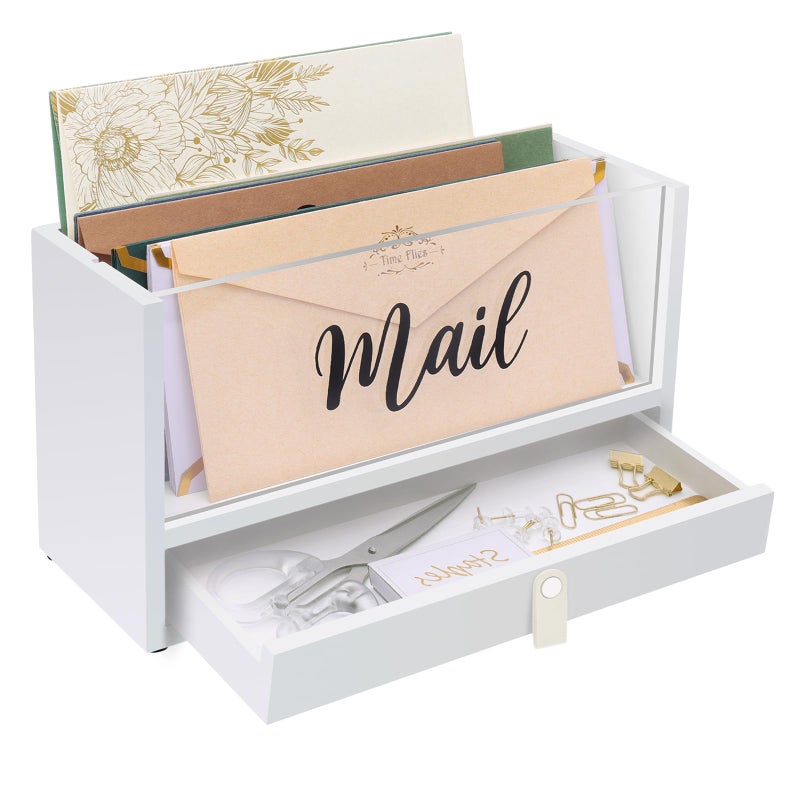 Intarsio Two-Layer Solid Wooden Mail Storage Organizer Holder with Clear Acrylic Top and Bottom Drawer, Leather Handle, Keeping Mail, Bills, Letters, Cards and Office Supplies in One Place, Home Decor Gifts - Image 1