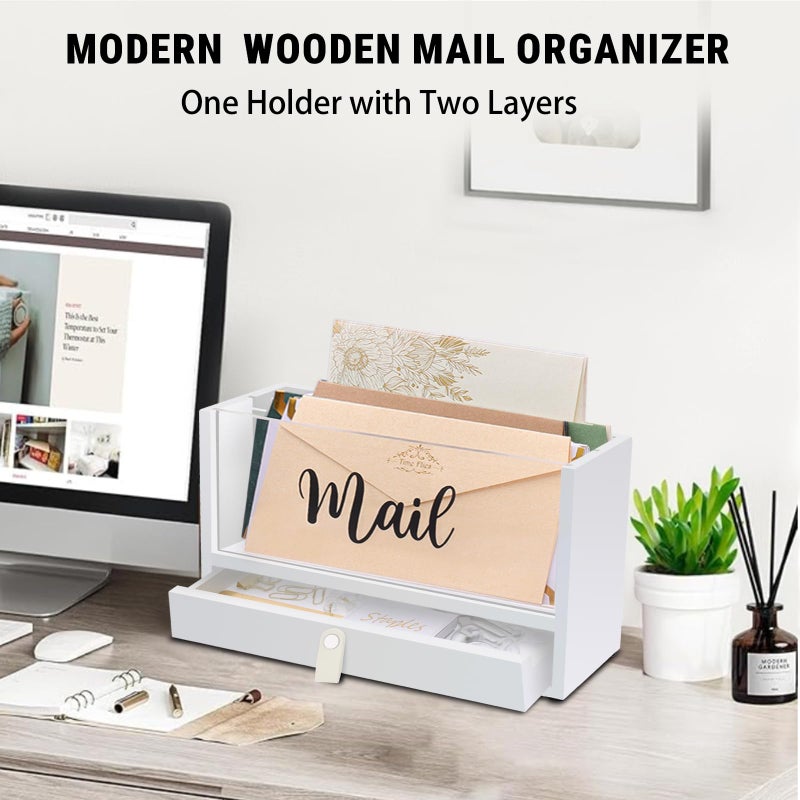 Intarsio Two-Layer Solid Wooden Mail Storage Organizer Holder with Clear Acrylic Top and Bottom Drawer, Leather Handle, Keeping Mail, Bills, Letters, Cards and Office Supplies in One Place, Home Decor Gifts - Image 2
