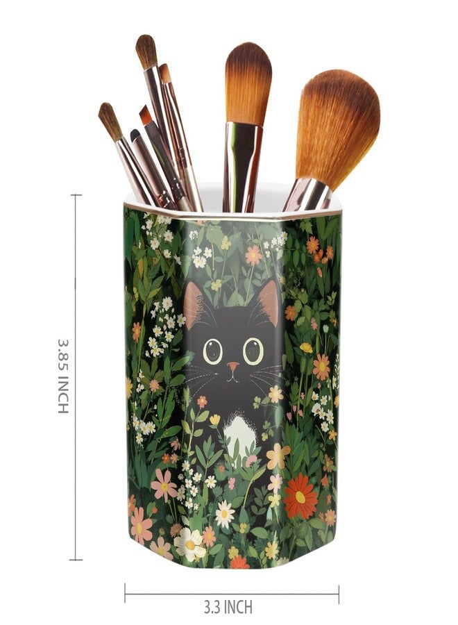 WAVEYU Pen Holder, Pencil Cup for Desk, Cute Desk Organizer, Durable Ceramic Decorative Makeup Brush Desktop Accessories, Stylish Stationery for Office, School, Home, Cute Cat Pattern - Image 2