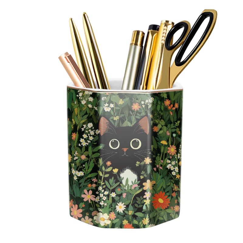 WAVEYU Pen Holder, Pencil Cup for Desk, Cute Desk Organizer, Durable Ceramic Decorative Makeup Brush Desktop Accessories, Stylish Stationery for Office, School, Home, Cute Cat Pattern - Image 1