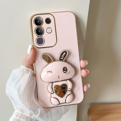 KC Back Cover for Vivo T4x 5G / iQOO Z10x 5G - Hidden Love Rabbit Folding Bracket Kickstand Electroplated Soft Silicone Camera Protection Case - Pink - Image 4