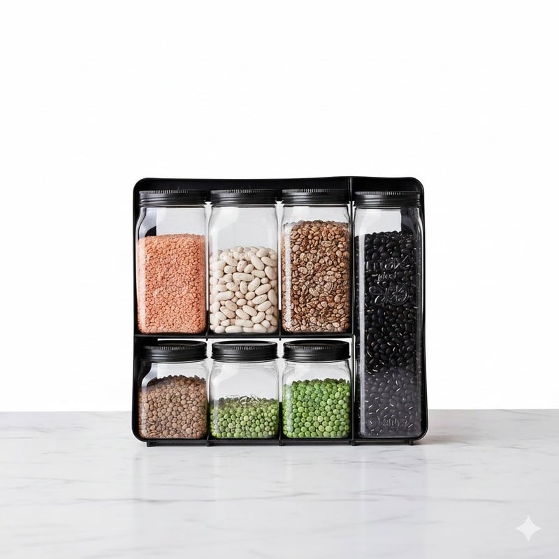 LUXX Storage Jars with Stand, 7 Piece 3 Jars 400ml, 3 Jars 700ml, 1 Jar 1300ml, Dishwasher Safe, Kitchen Organization - Image 1