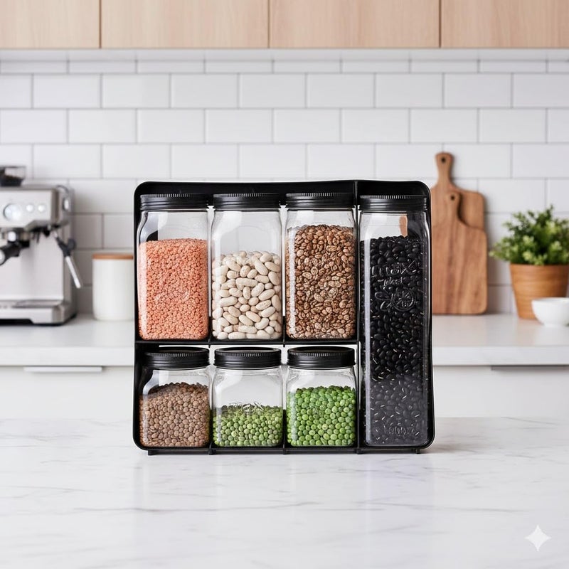 LUXX Storage Jars with Stand, 7 Piece 3 Jars 400ml, 3 Jars 700ml, 1 Jar 1300ml, Dishwasher Safe, Kitchen Organization - Image 2