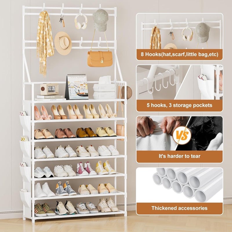 OYREL Shoe Rack 7 Tier Shoe Racks Organizer 28-35 Pairs Shoes Rack for Closet Entrance Shoe Storage Organizer with Hooks and Side Pocket Entryway Shoe Holder Space Saving Free Standing Shoe Racks - Image 5