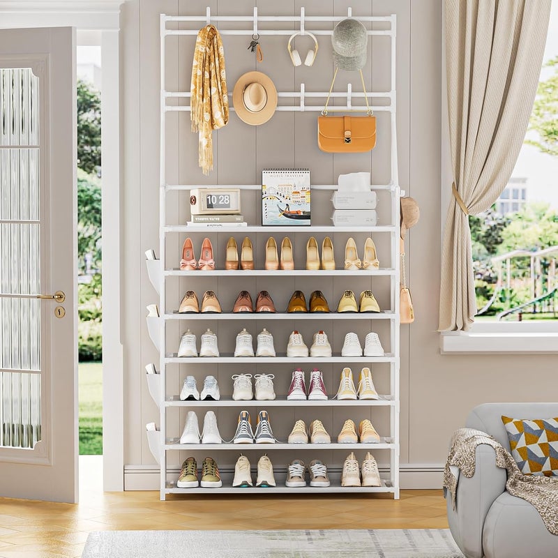 OYREL Shoe Rack 7 Tier Shoe Racks Organizer 28-35 Pairs Shoes Rack for Closet Entrance Shoe Storage Organizer with Hooks and Side Pocket Entryway Shoe Holder Space Saving Free Standing Shoe Racks - Image 2