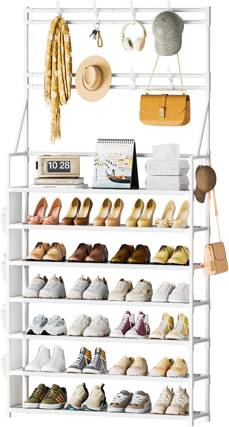 OYREL Shoe Rack 7 Tier Shoe Racks Organizer 28-35 Pairs Shoes Rack for Closet Entrance Shoe Storage Organizer with Hooks and Side Pocket Entryway Shoe Holder Space Saving Free Standing Shoe Racks - Image 1
