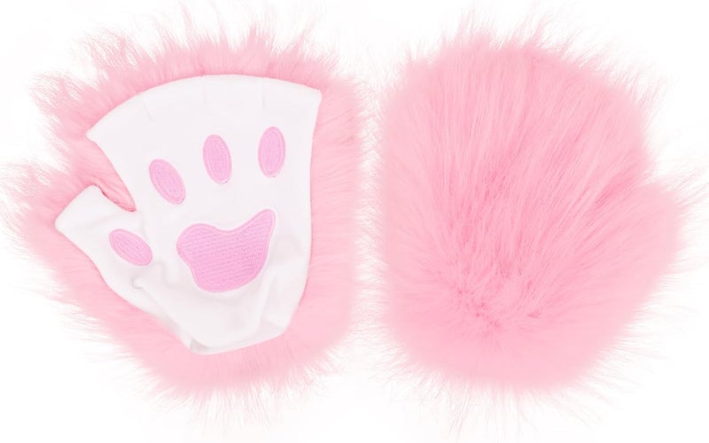 HAOAN Wolf Paw Gloves Faux Fur Cat Fingerless Mittens Winter Warm Cosplay Halloween Fancy Party Costume Accessories - Image 1