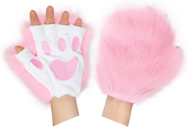 HAOAN Wolf Paw Gloves Faux Fur Cat Fingerless Mittens Winter Warm Cosplay Halloween Fancy Party Costume Accessories - Image 2