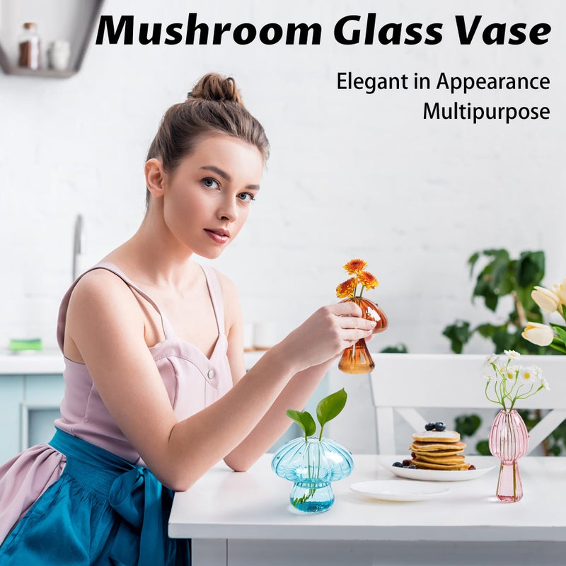 JXWENBYX Mushroom Vase, Set of 6 Colored Flower Vase, Propagation Stations Vases, Small Bud Vases Home Decor Cute Glass Mushroom Planter for Room Office Decoration (Colorful) - Image 2