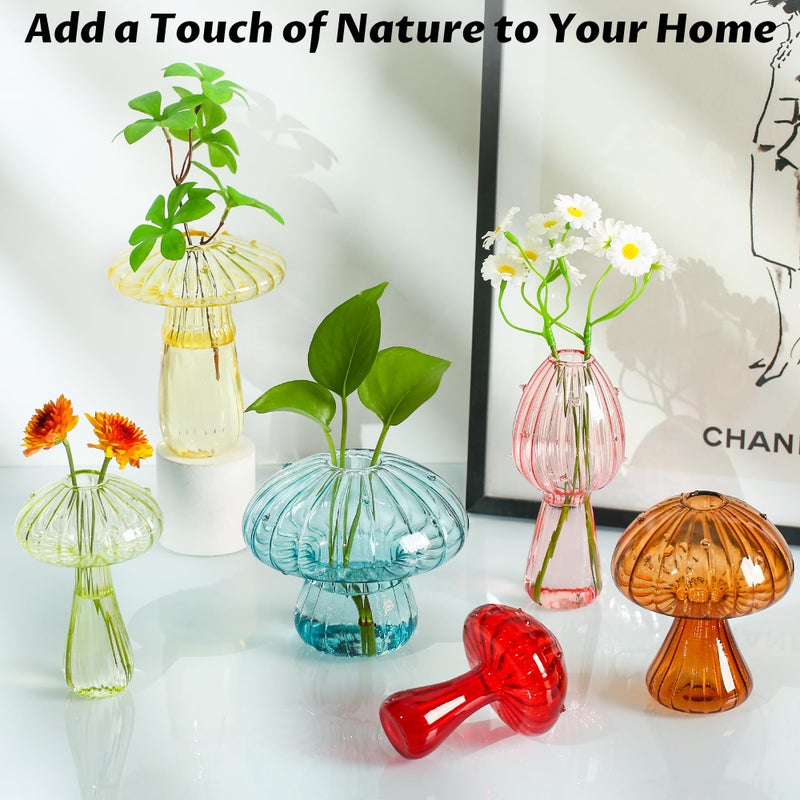 JXWENBYX Mushroom Vase, Set of 6 Colored Flower Vase, Propagation Stations Vases, Small Bud Vases Home Decor Cute Glass Mushroom Planter for Room Office Decoration (Colorful) - Image 3